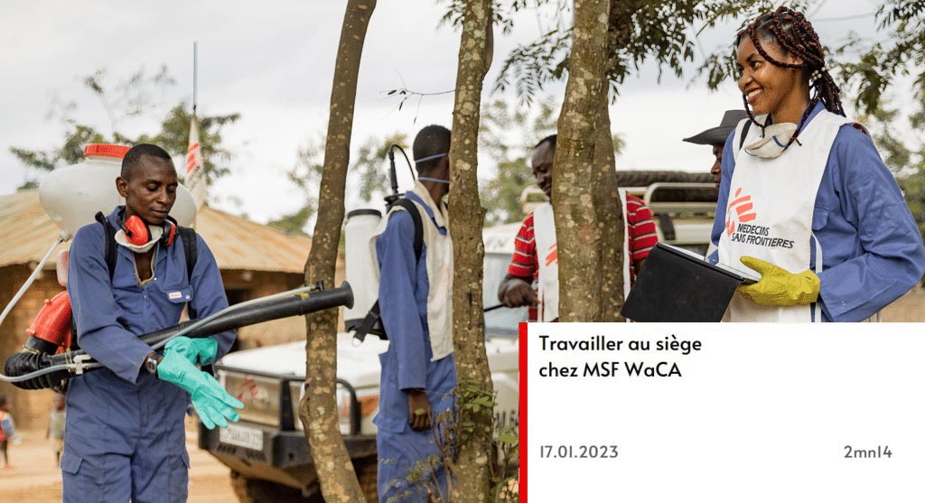 Personnel du staff de MSF en train de travailler, vêtus de vêtements protecteurs.