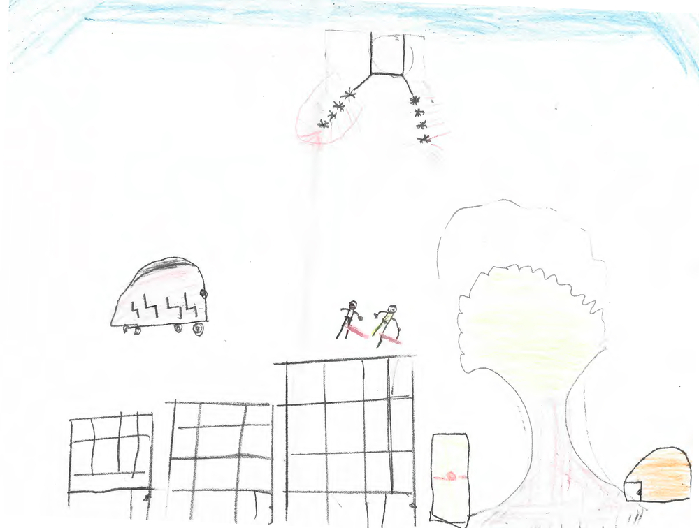 Dina, 9 ans, a dessiné le jour où son grand-père et sa grand-mère ont été tués par des bombes et des tirs d’artillerie, ainsi que la scène où une ambulance est venue les chercher, au milieu des habitations précaires de Shujaeyya, alors qu’elles étaient sous le feu. Ce dessin a été réalisé lors d’une séance de soutien en santé mentale organisée par MSF à la clinique Al-Zaytoon, dans la ville de Gaza, en août 2026. Aucun thème n’avait été imposé : l’intervenant a simplement demandé à chaque enfant de dessiner ce qui lui venait à l’esprit, ce qu’il portait en lui, ou ce qu’il souhaitait montrer. Gaza, août 2026 ©Nour Alsaqqa/MSF