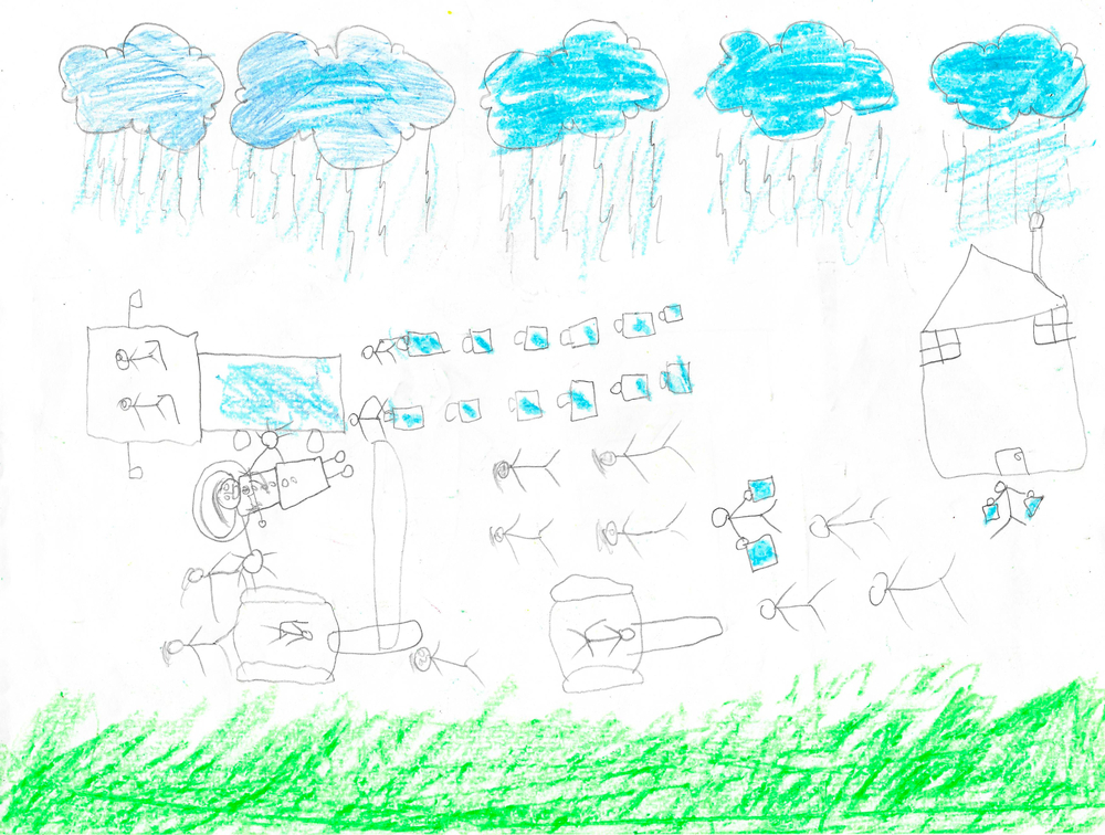 Motassem, 14 ans, a été arrêté par l’armée israélienne alors qu’il évacuait la zone avec son père en passant par un point de contrôle. Dans son dessin, il représente des nuages ​​qui déversent de la pluie ainsi que des bombes ; il confie que l’une des épreuves les plus difficiles de son quotidien, depuis, consiste à devoir aller chercher de l’eau auprès de camions-citernes. Il a également représenté une autre scène, située à l’arrière de la maison qu’il a perdue : un vaste terrain planté d’oliviers et d’arbres fruitiers. Ce dessin a été réalisé en août 2026, lors d’une séance de soutien en santé mentale organisée par MSF à la clinique Al-Zaytoon, dans la ville de Gaza. Aucun thème n’avait été imposé ; l’intervenant a simplement demandé à chaque enfant de dessiner ce qui lui venait à l’esprit, ce qu’il portait en lui, ou ce qu’il souhaitait montrer. Gaza, août 2026 ©Nour Alsaqqa/MSF